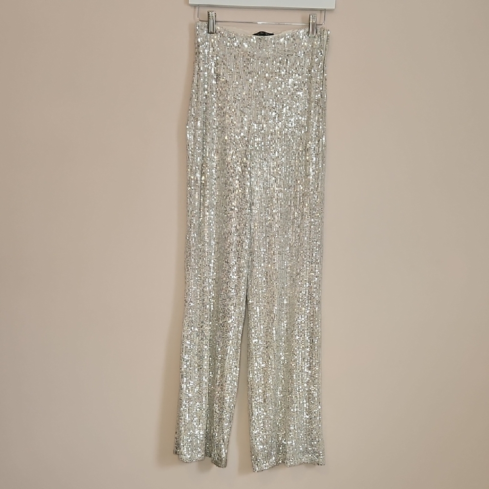 Crystal Sky Glamorous Silver Full Sequin Hi-rise Wide Leg Disco Pants